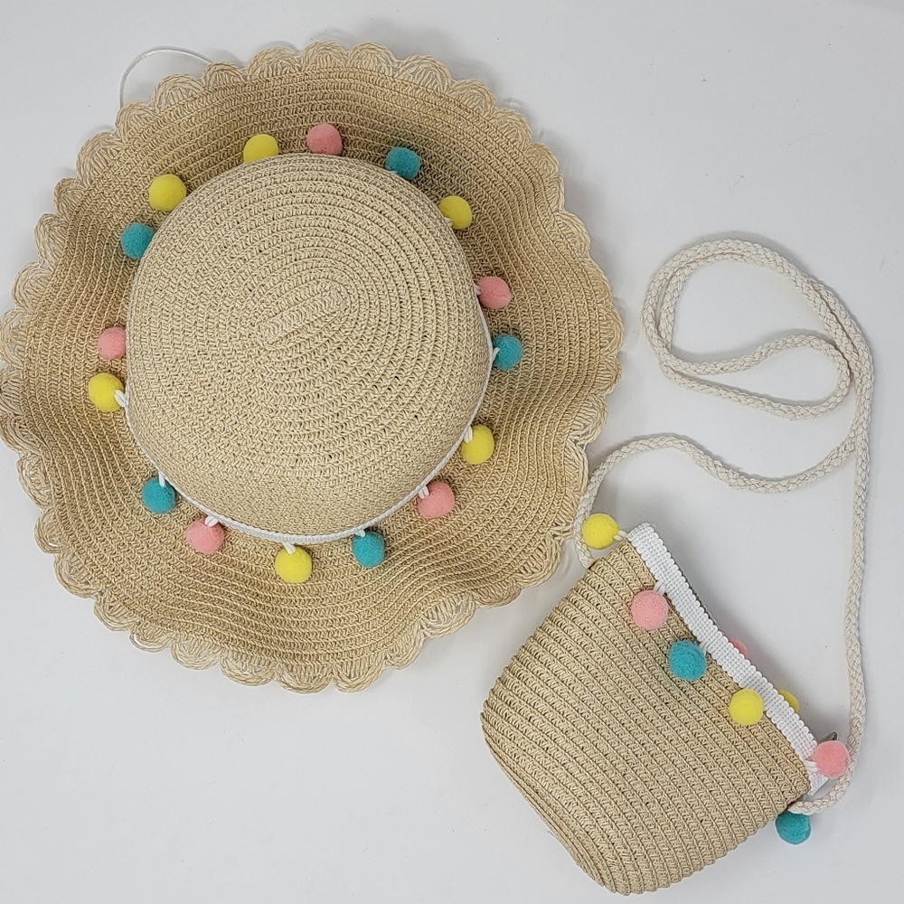 Toddler Straw & Pom Pom Summer Hat & Matching Crossbody Purse Set (One Size)